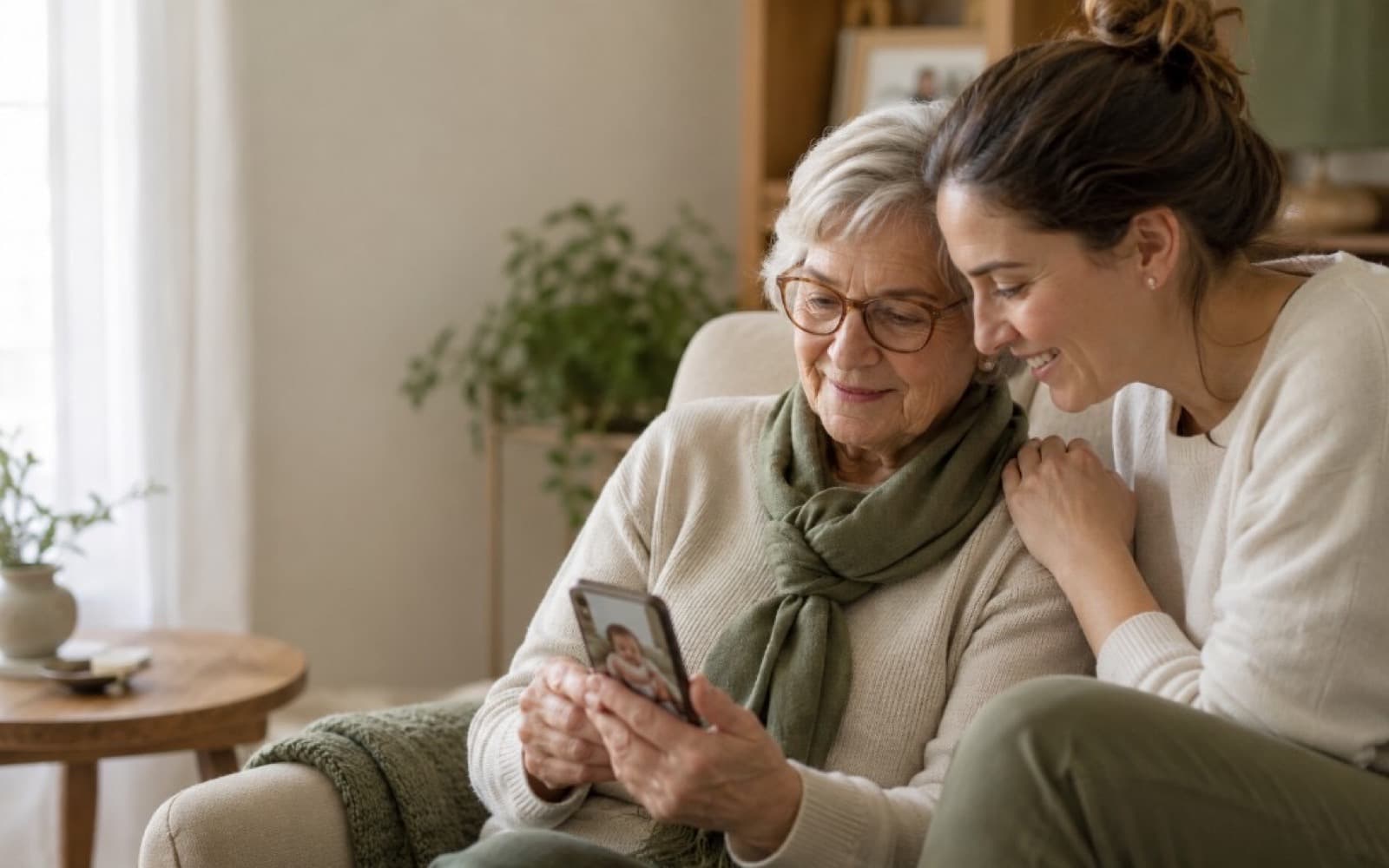 Abuela y mamá mirando juntos una foto del bebé en el teléfono