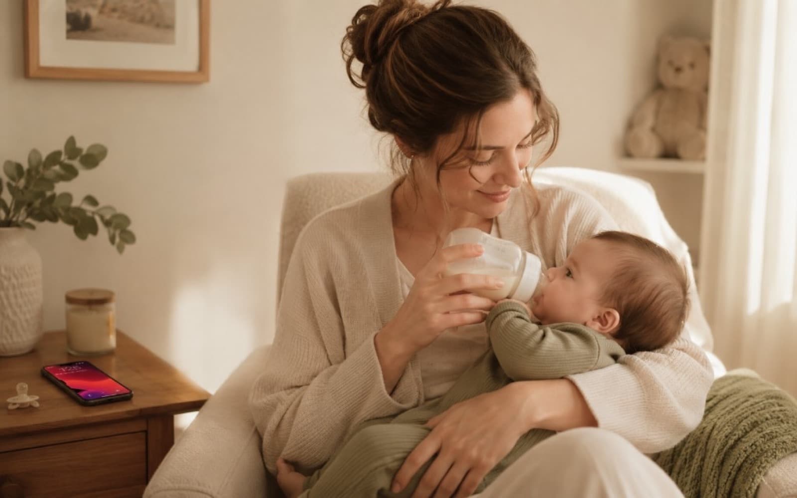 Mamá alimentando a su bebé con biberón; el teléfono queda cerca en la mesita
