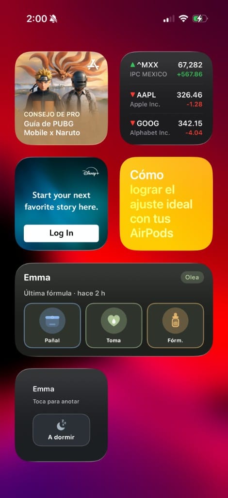 Widgets en el inicio