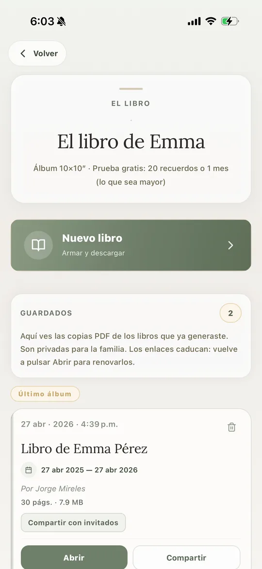 Captura de Olea mostrando la vista previa del álbum del primer año