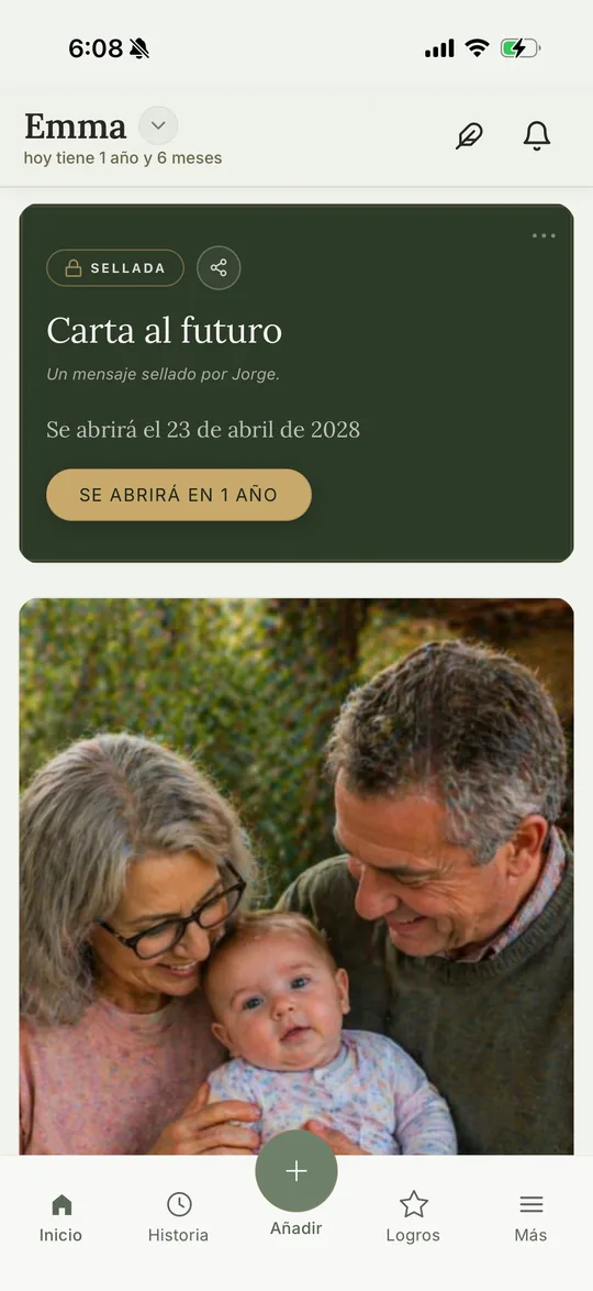Captura de Olea mostrando una Carta al Futuro sellada con fecha de apertura