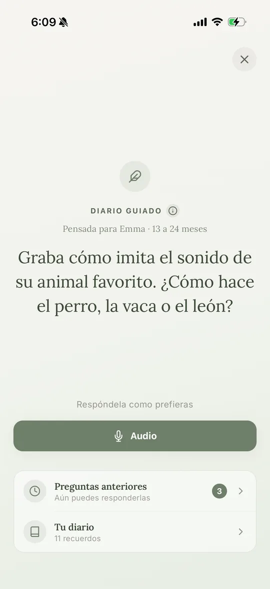 Captura de Olea mostrando el diario guiado con la pregunta de la semana