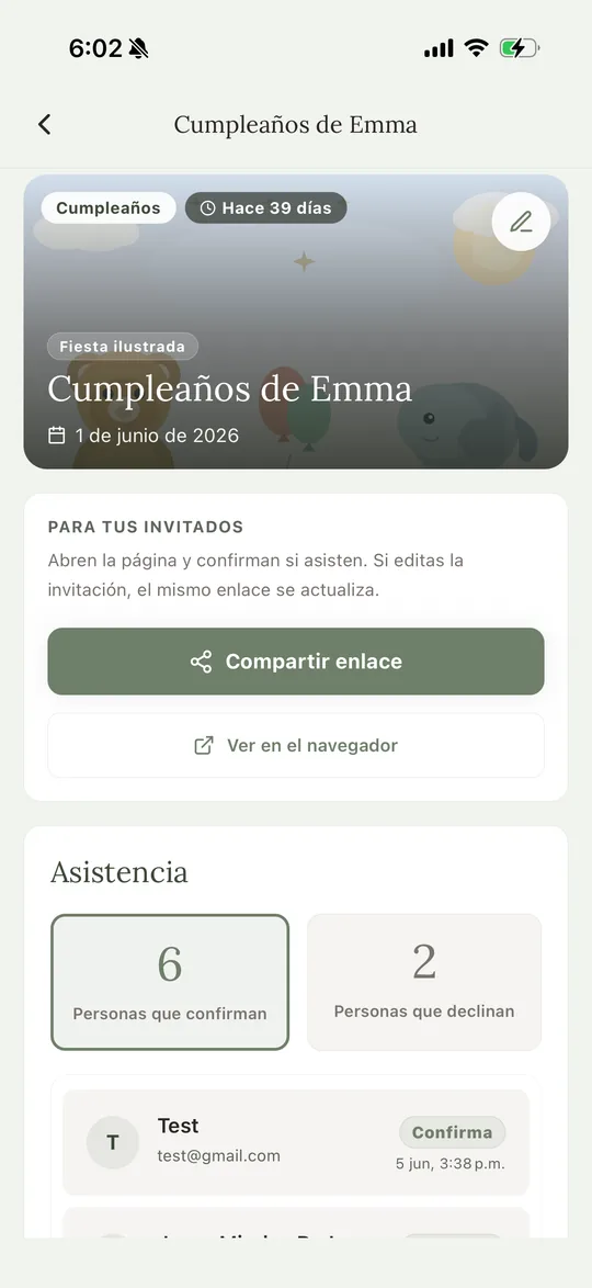 Captura de Olea mostrando una invitación a un evento y quién confirmó