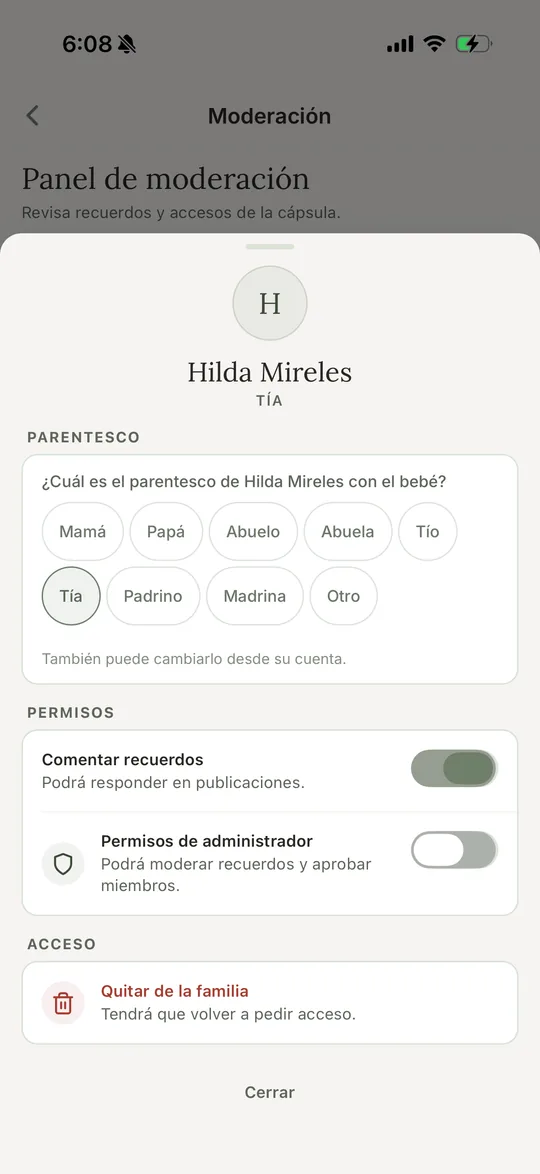 Captura de Olea mostrando la pantalla de invitar o aprobar a la familia
